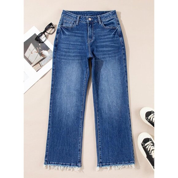 Womens High Waisted Flared Jeans Cotton Blend Raw Hem Trendy Retro Style - Picture 6 of 8